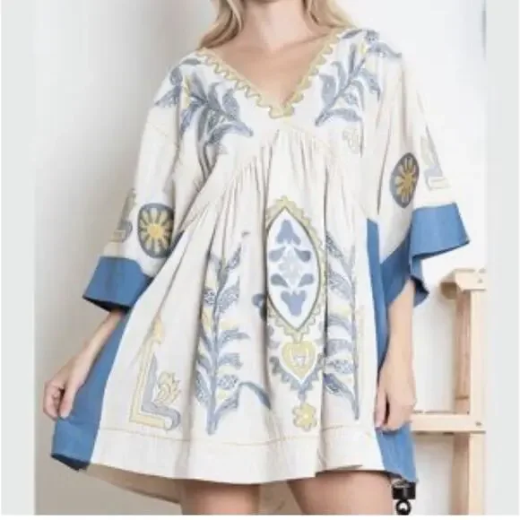 NEW Blue Velvet Embroidered Boho Babydoll Dress Women Size S/M Floral Beach - Picture 1 of 9